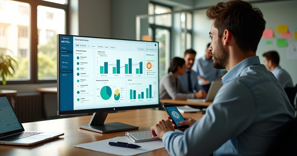 Gestor analisando indicadores de controle de ponto digital em dashboard com equipe ao fundo 