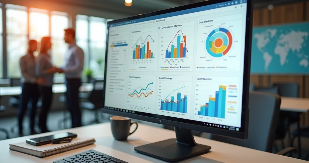 Dashboard de indicadores de LMS em tela de computador em escritório 