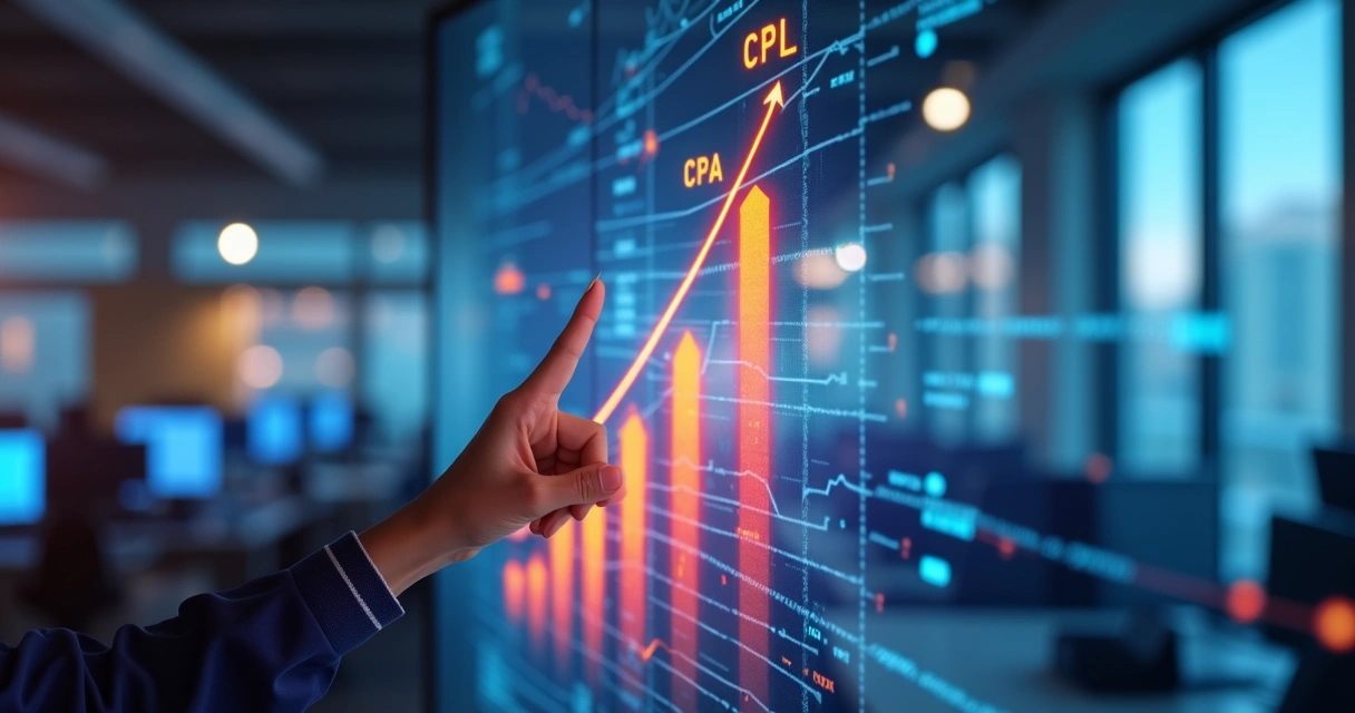 Indicadores de CPL, CPA e ROI crescendo graficamente 