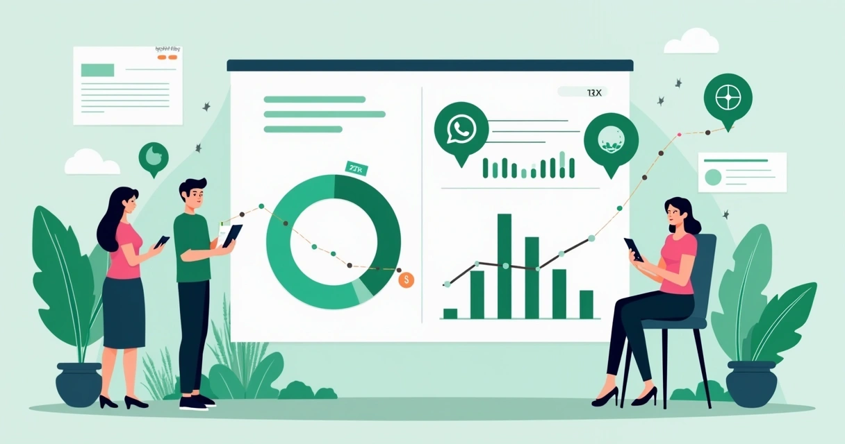 Gráficos de indicadores de CRM e WhatsApp em painel digital 