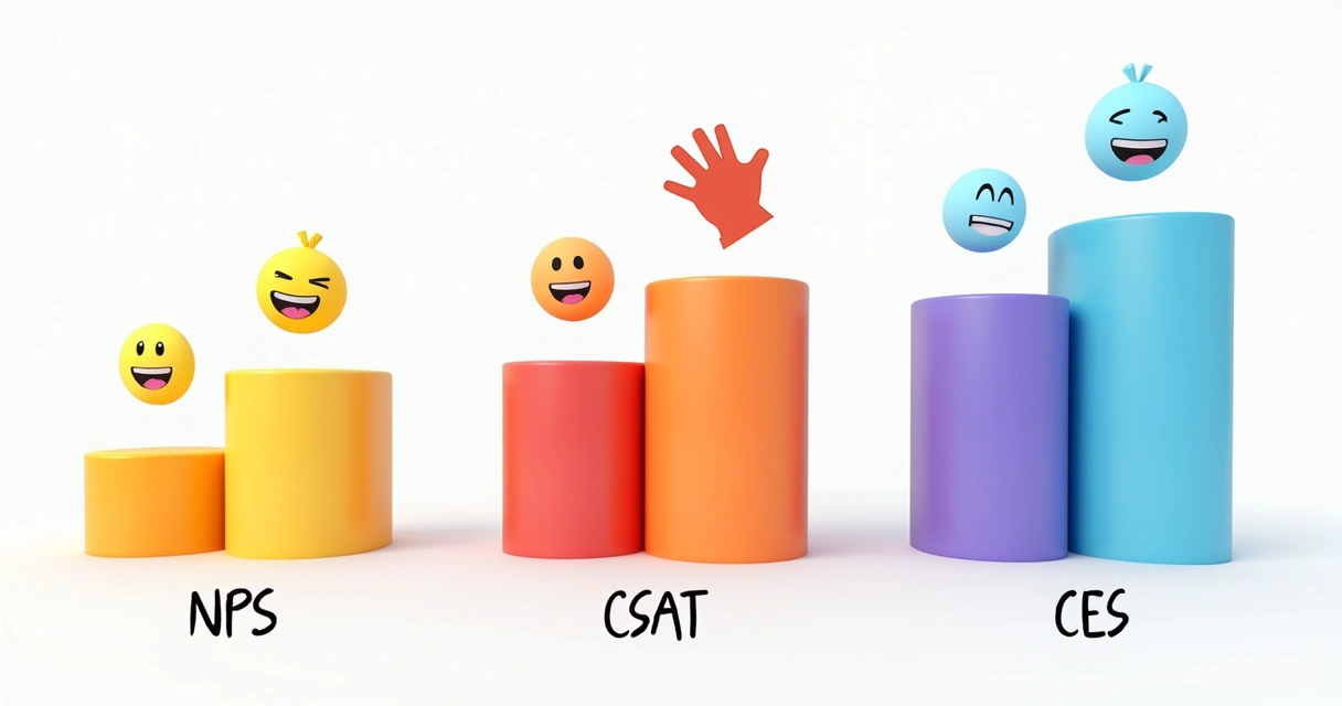 Gráfico comparando NPS, CSAT e CES com ícones de satisfação do cliente. 