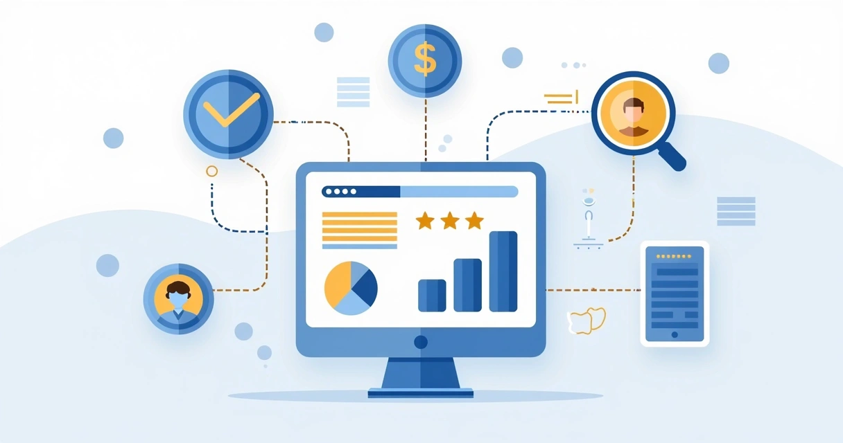 Ilustração corporativa flat mostrando diferentes indicadores de experiência do cliente como gráficos, ícones de pesquisa, avaliações por estrelas e dispositivos móveis conectados 