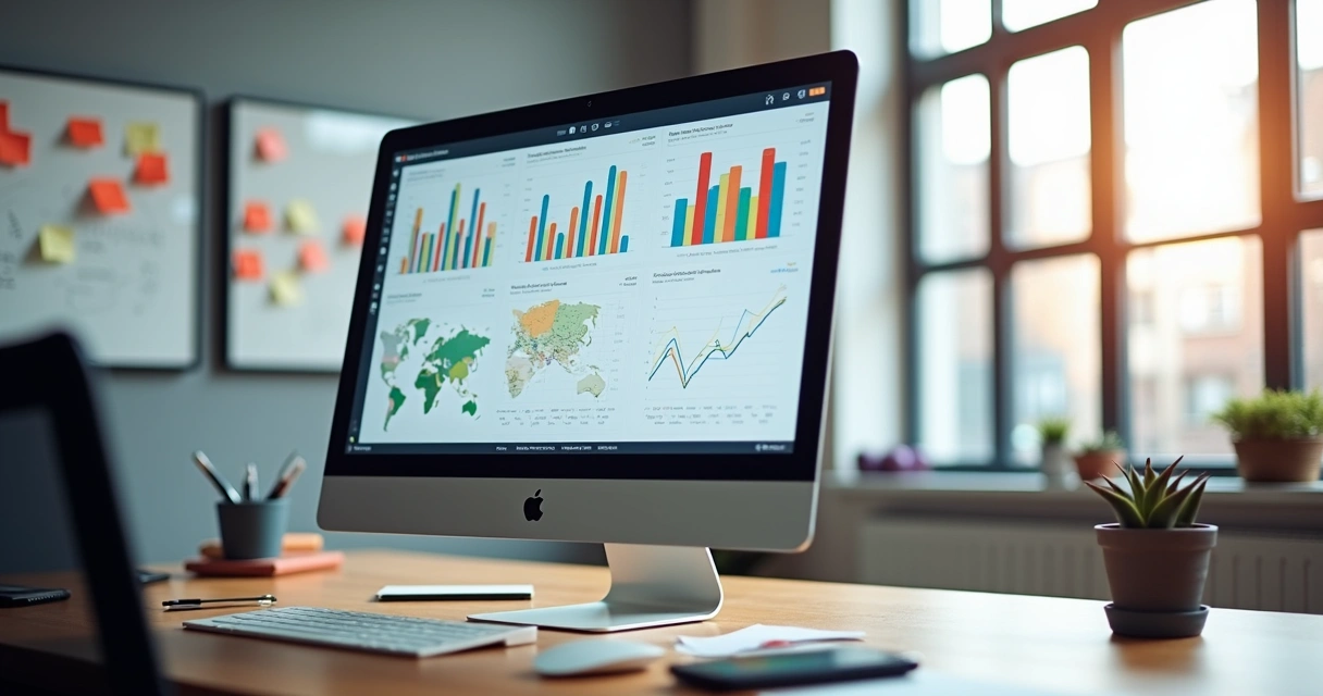 Monitor de computador com gráficos de marketing digital em destaque