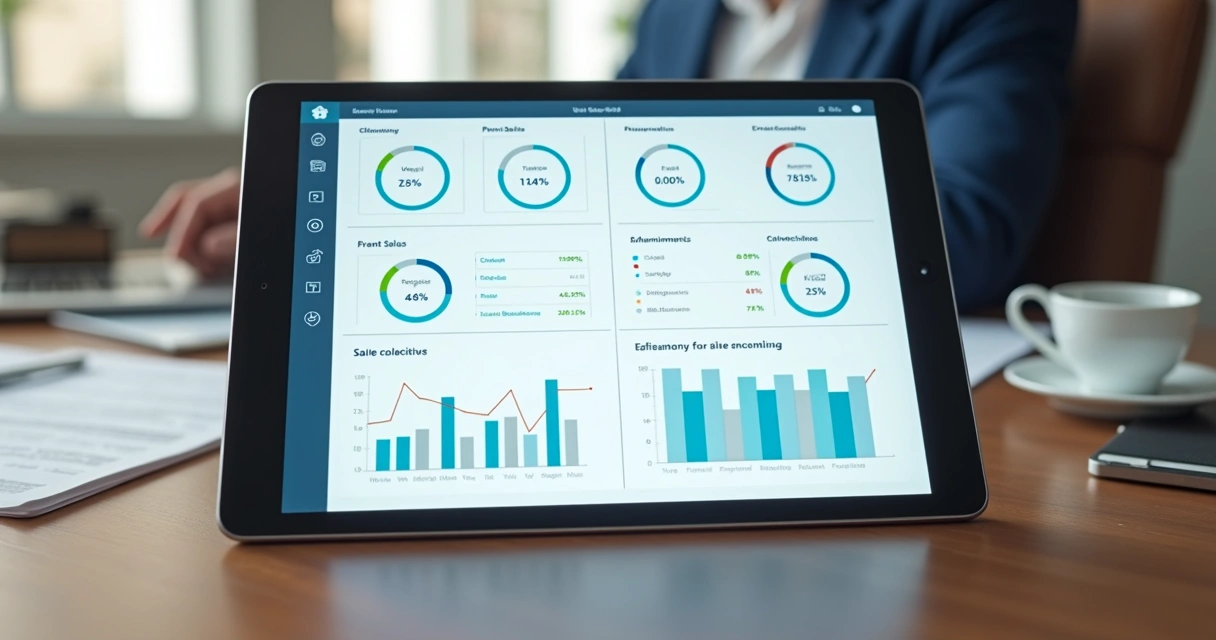 Indicadores de vendas destacados em dashboard simplificado, gráficos circulares e linhas, fácil visualização 
