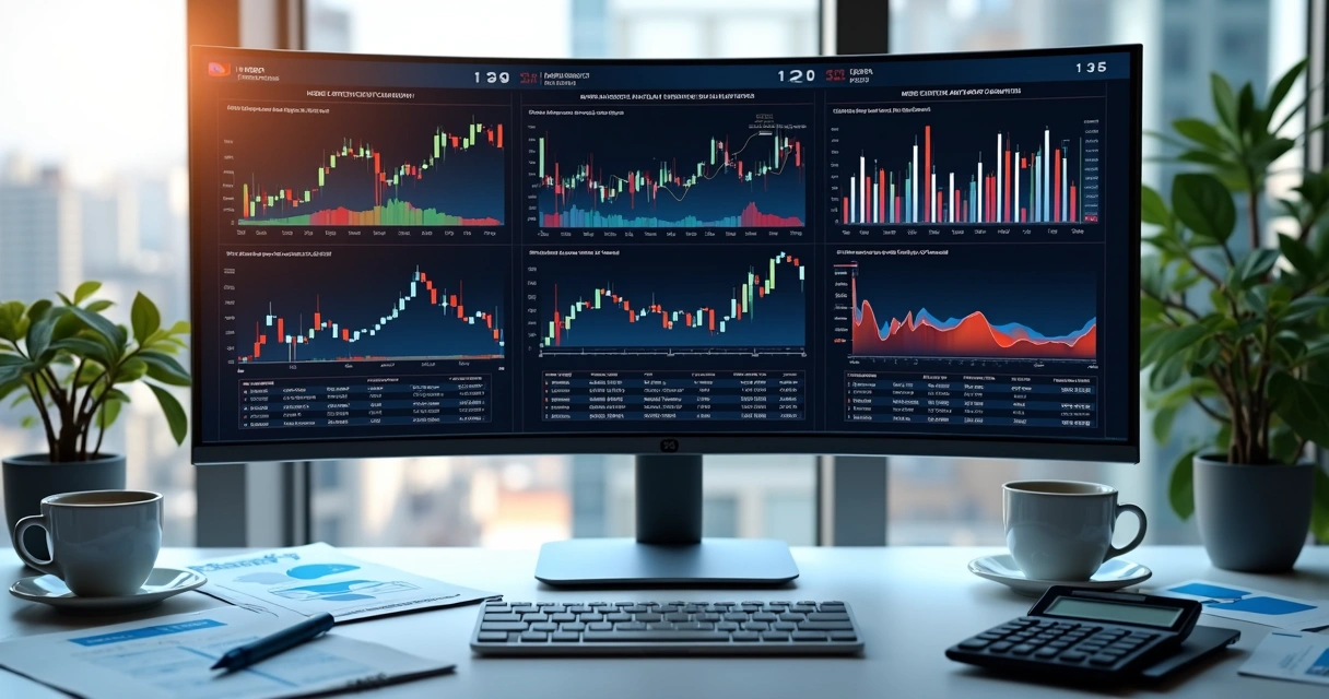Análise financeira detalhada em tela de computador com gráficos e indicadores de hedge 