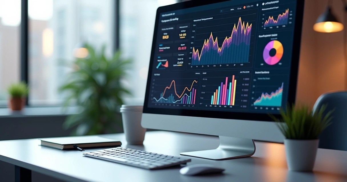 Dashboard digital com gráficos de desempenho e métricas de marketing exibidos em tela de computador 