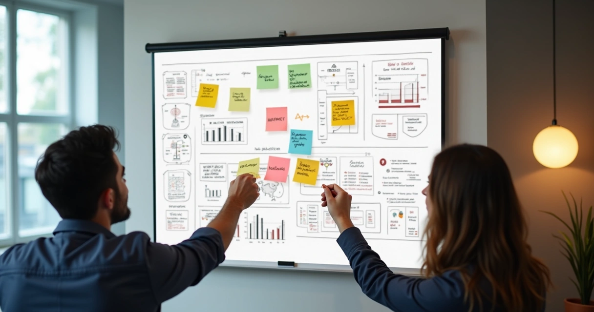 Quadro branco com gráficos e post-its coloridos sobre indicadores de vendas 