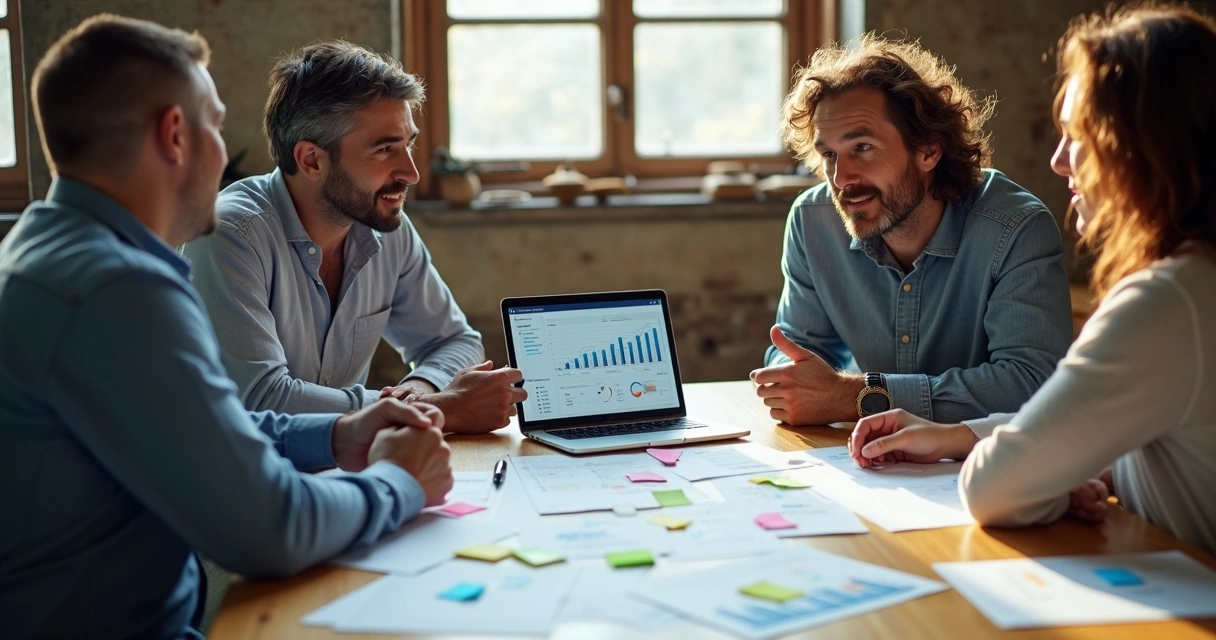 Equipe comercial pequena reunida em uma mesa, analisando relatórios de vendas simples, com planilhas e anotações à mão. 