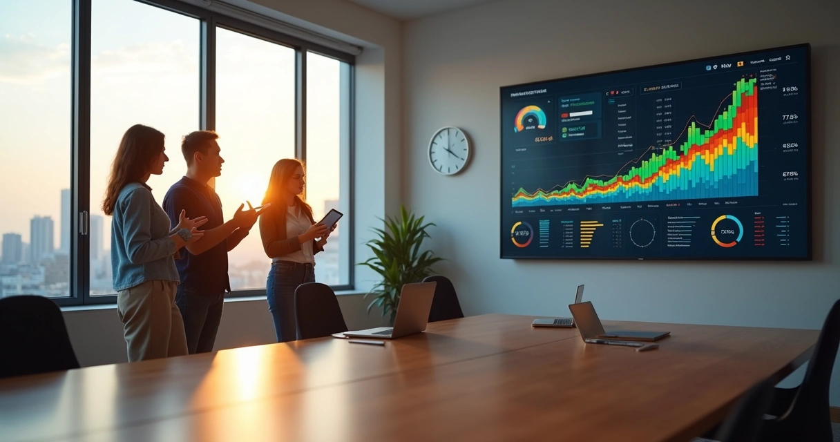 Painel digital com indicadores em destaque em sala de reunião moderna 