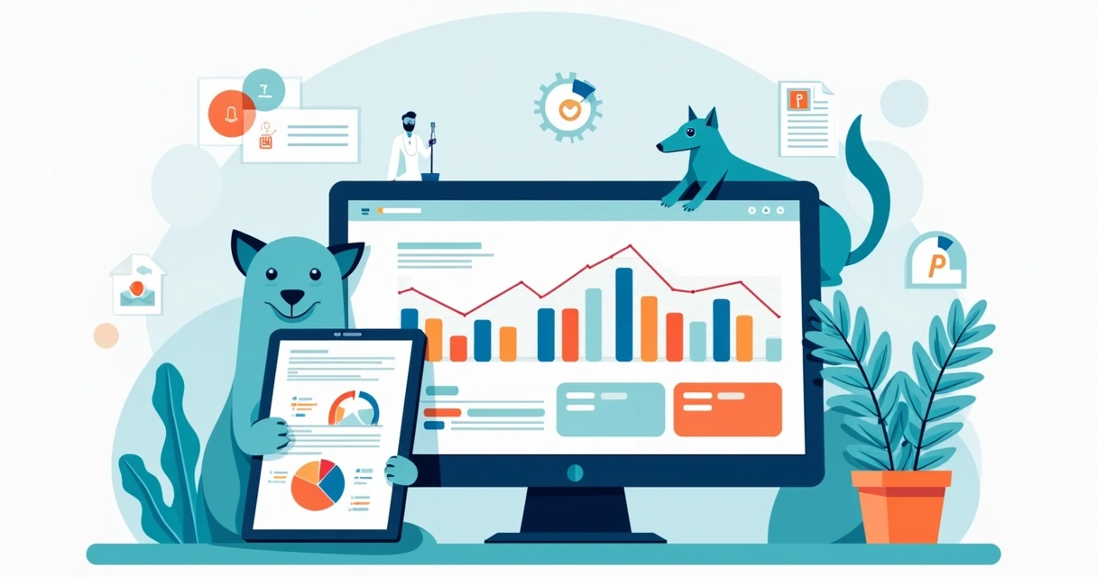 Dashboard digital colorido com gráficos de desempenho, tablet e gráficos de barras, relatório PDF aberto ao lado. 