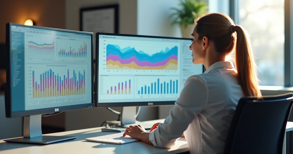 Gestora de clínica odontológica analisando gráficos coloridos no computador