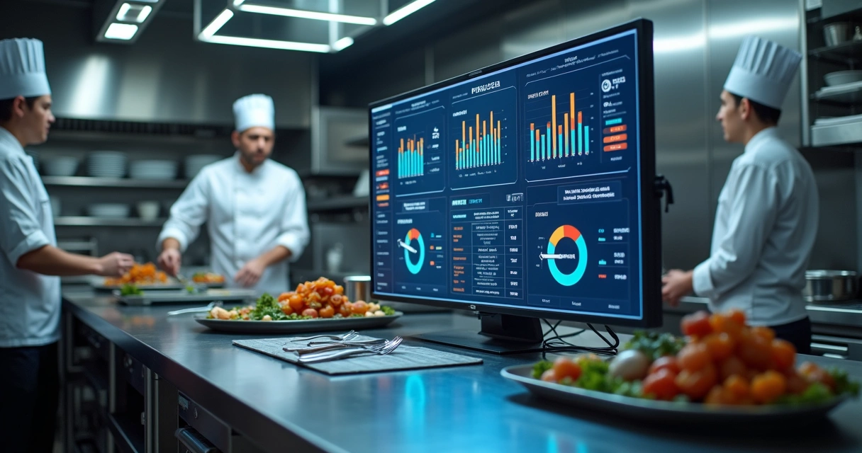 Gráficos de indicadores em tela na cozinha 