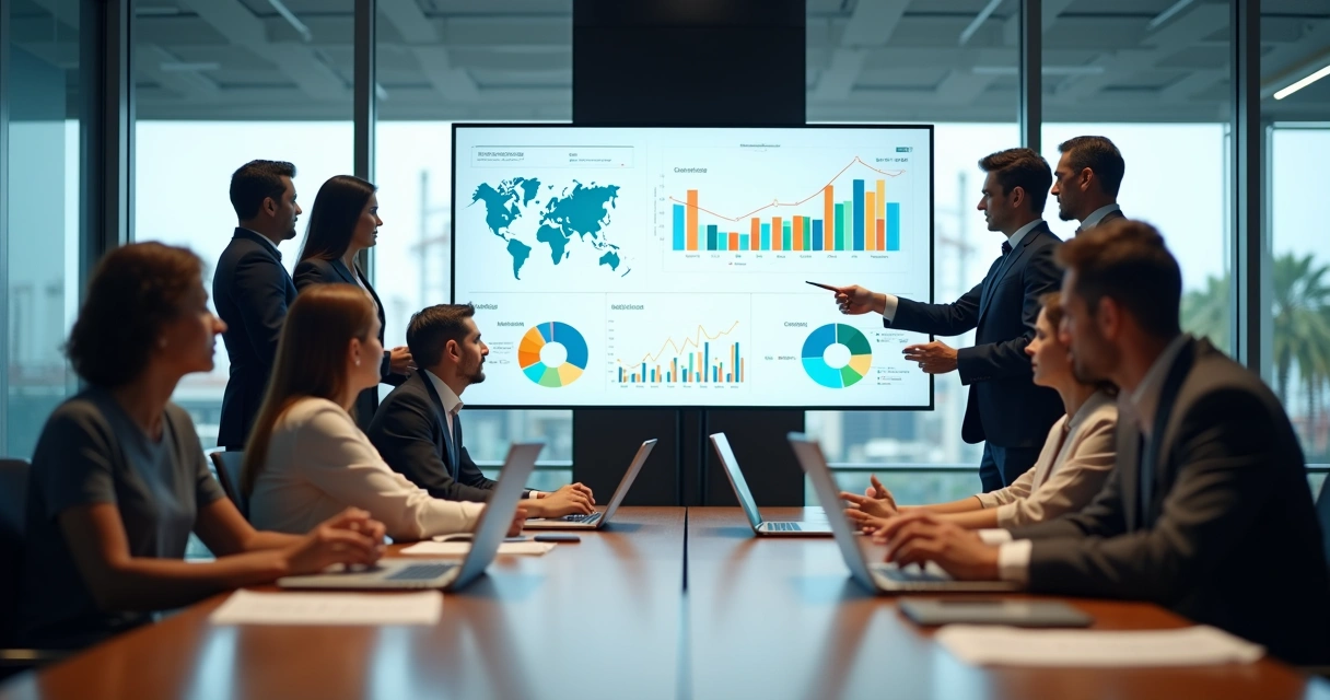 Equipe analisando dashboard de indicadores de desempenho em tela grande 