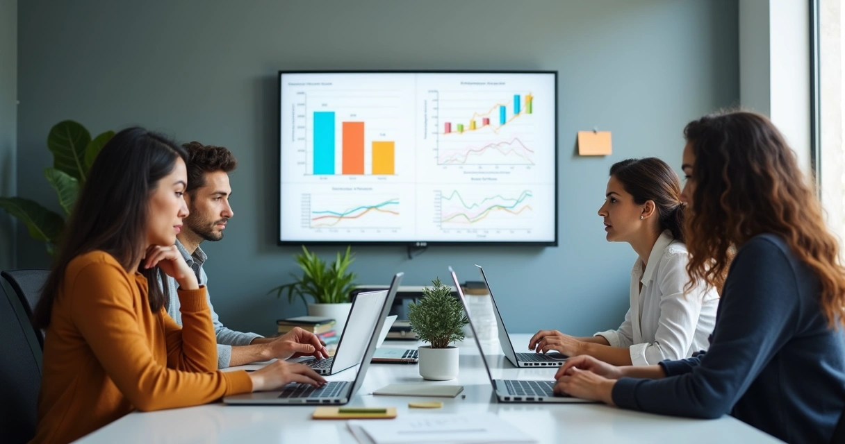 Gráfico de desempenho digital com indicadores e equipe analisando