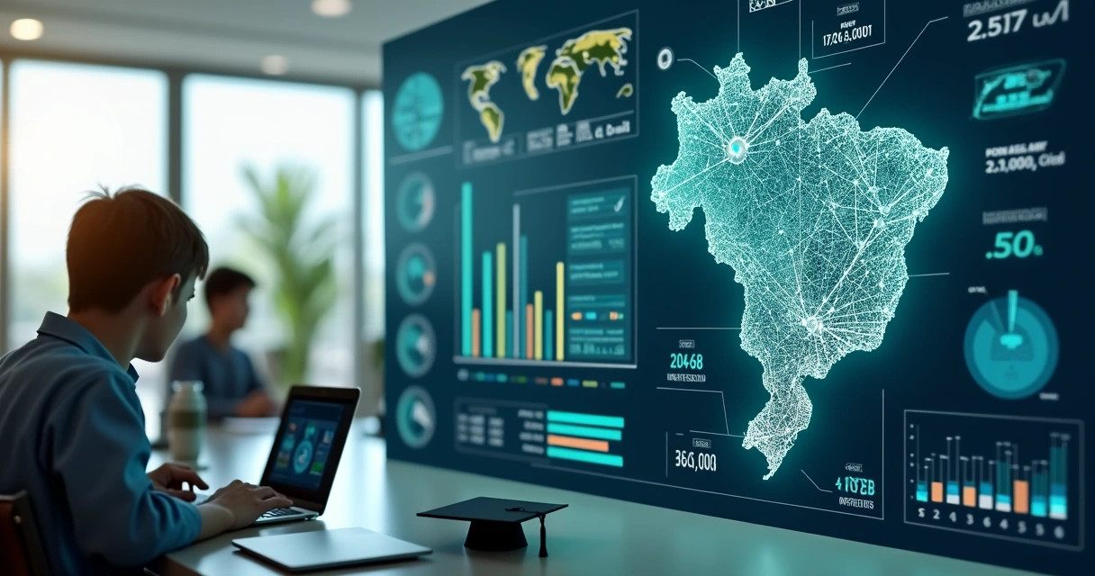 Gráfico moderno com indicadores de desempenho escolar e mapas do Brasil mostrando dados educacionais 