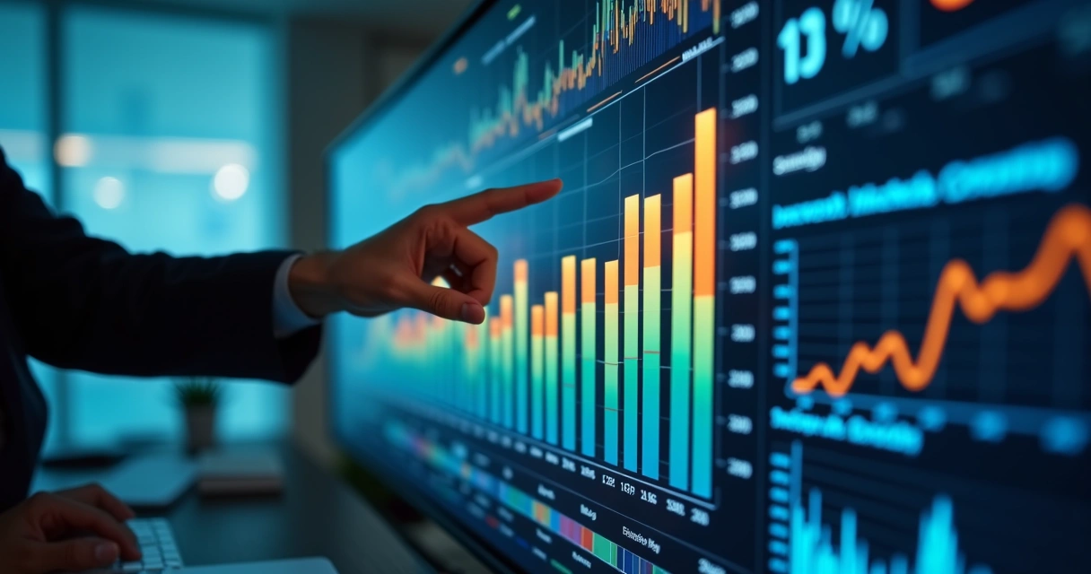 Gráfico digital com barras e linhas mostrando evolução de indicadores de uma empresa 