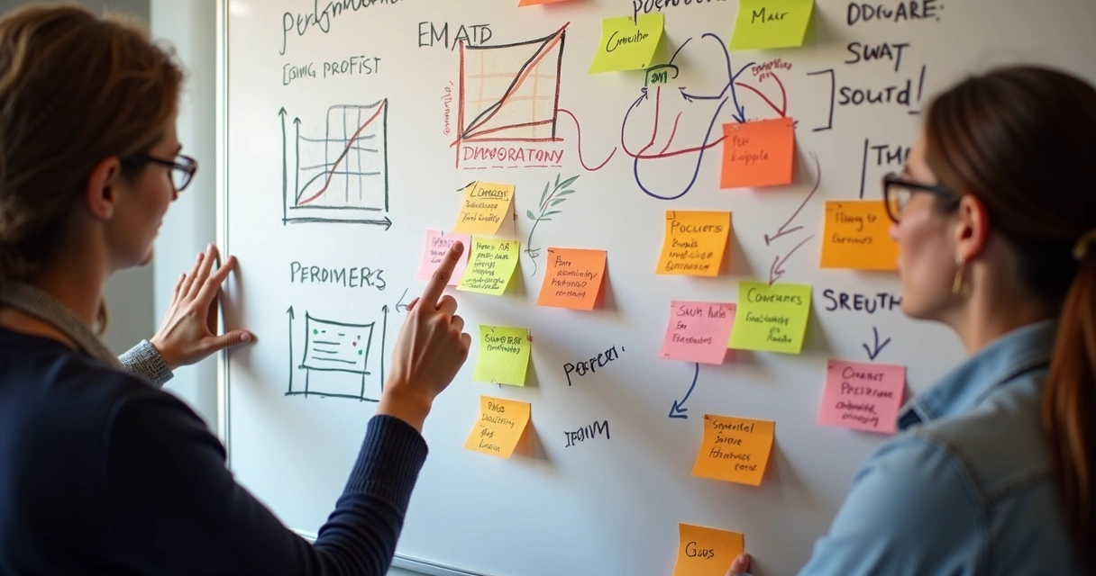 Quadro branco com post-its coloridos e indicadores de desempenho humano 