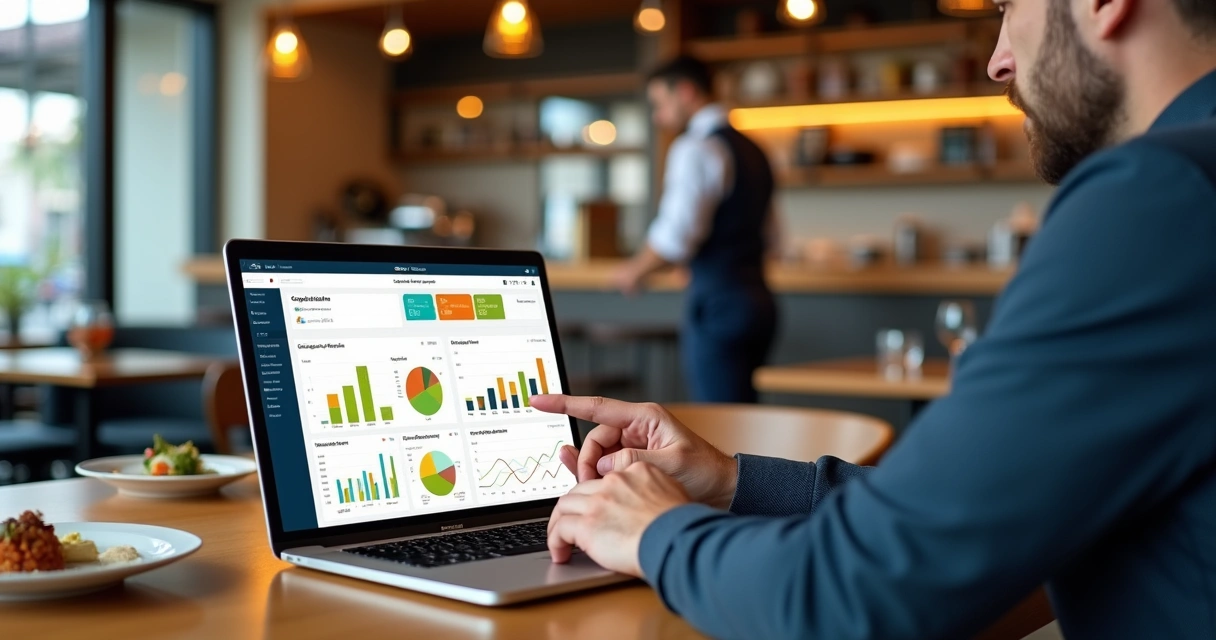 Gestor analisando indicadores de desempenho do menu de um restaurante em tela de computador 