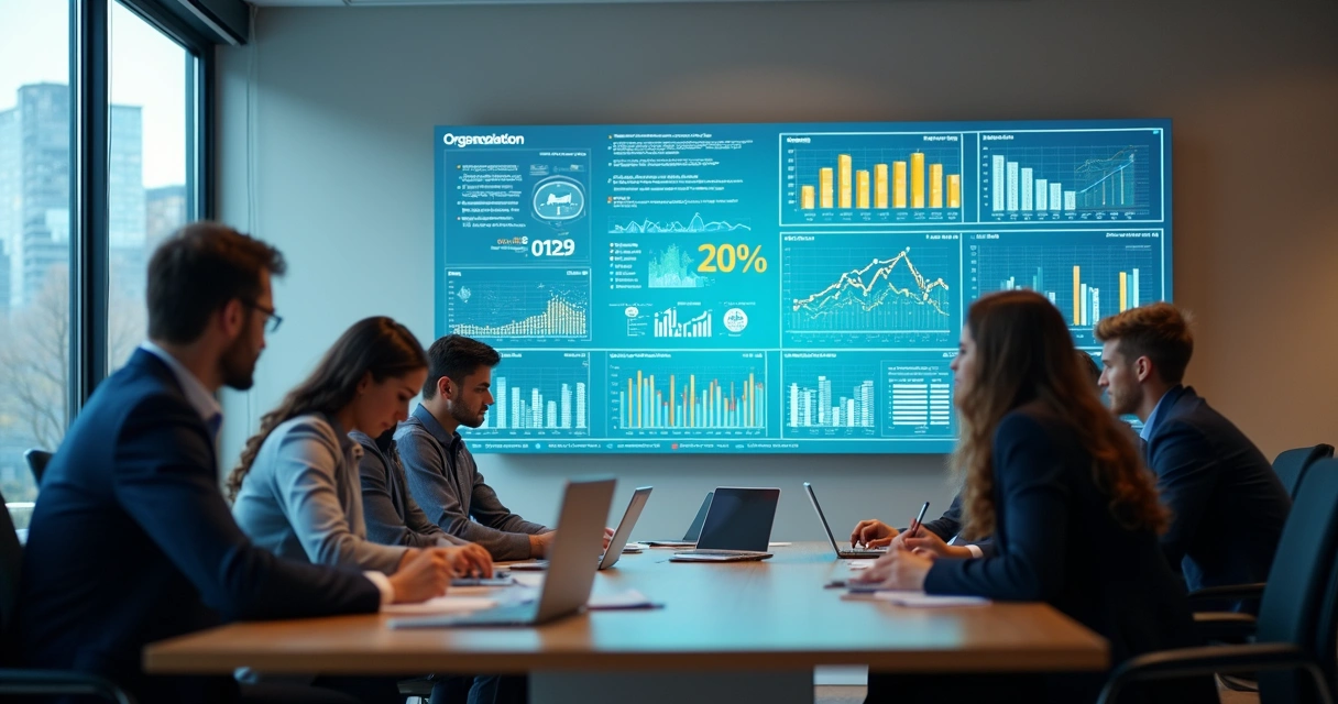 Painel digital com gráficos coloridos de indicadores de desempenho organizacional 