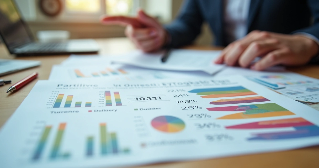 Relatórios de desempenho empresarial com margens e turnover destacados 