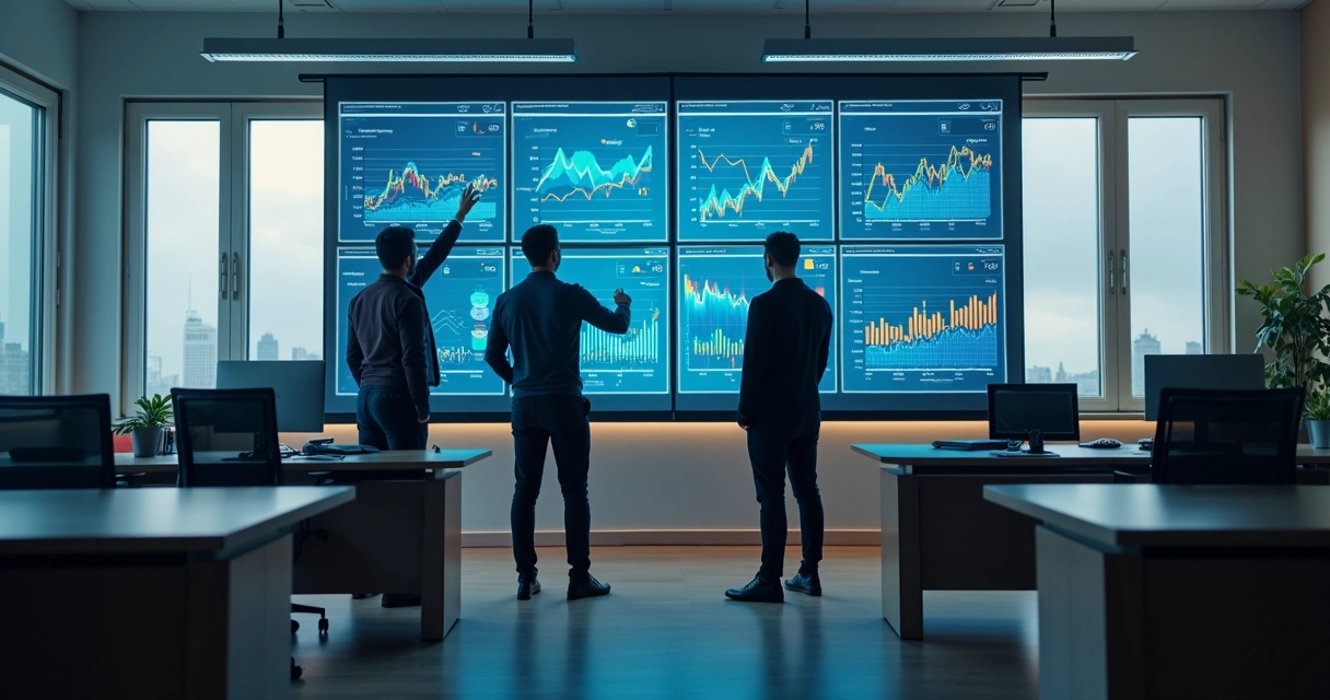 Gráficos de indicadores de desempenho de TI exibidos em tela grande, equipe analisando dados e discutindo em frente ao monitor 