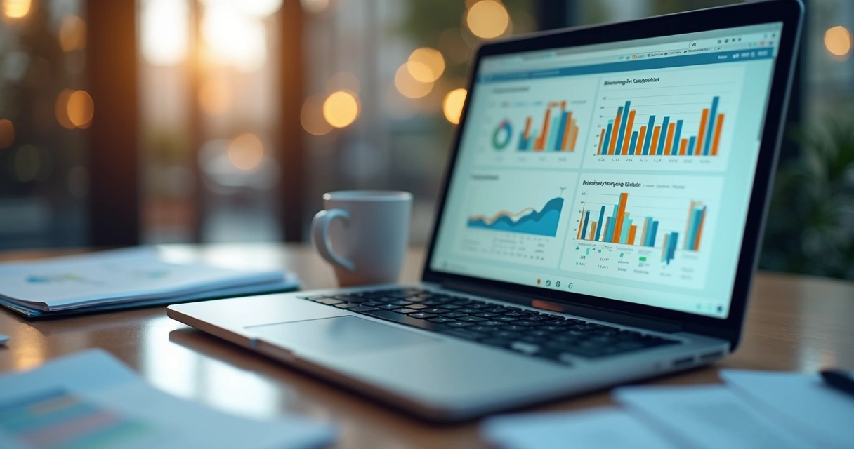 Gráfico de barras azul, verde e laranja em tela de notebook, com marcações de campanhas digitais em destaque 