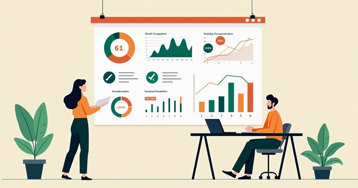 Dashboard com indicadores digitais e ícones de engajamento 