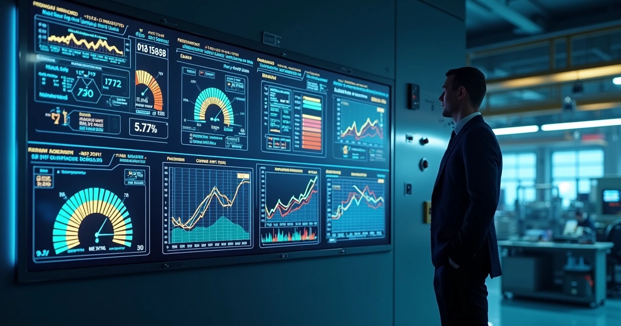 Painel digital com indicadores de desempenho industrial 