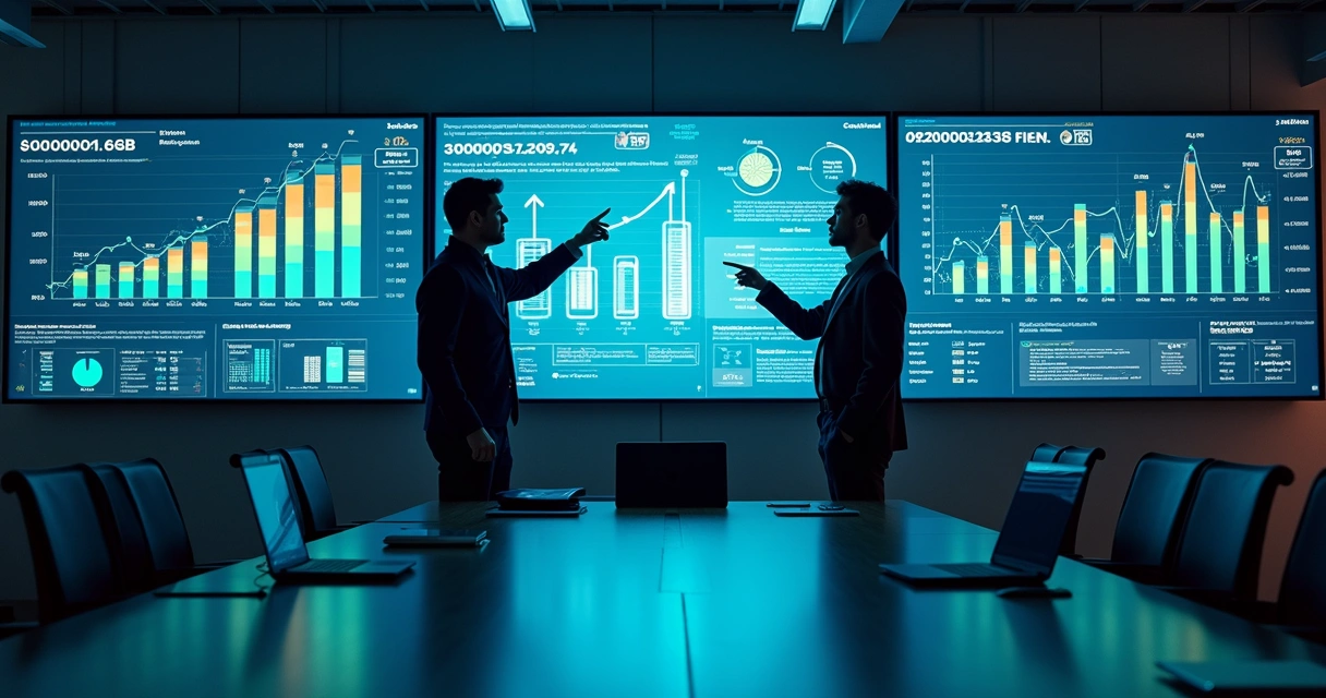 Gráfico de indicadores financeiros em telas digitais com empresários analisando juntos 