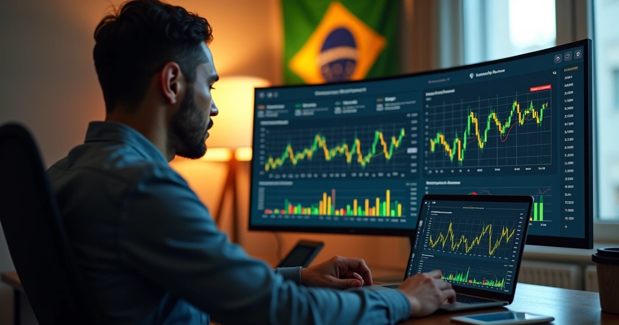 Investidor analisando gráficos econômicos do Brasil em tela com bandeira brasileira ao fundo 