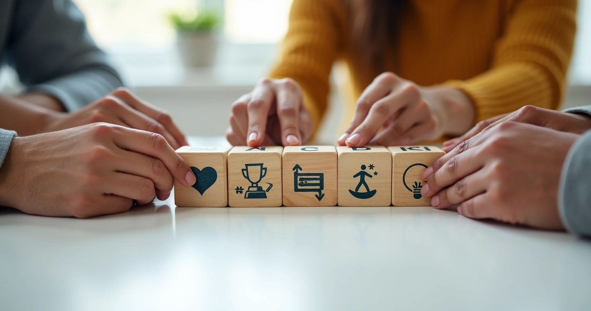 Manos de diferentes personas uniendo piezas de madera con iconos de salud, educación y ambiente