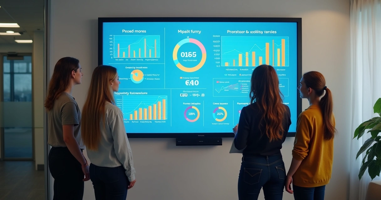 Dashboard de indicadores educacionais exibido em tela digital em sala de professores.