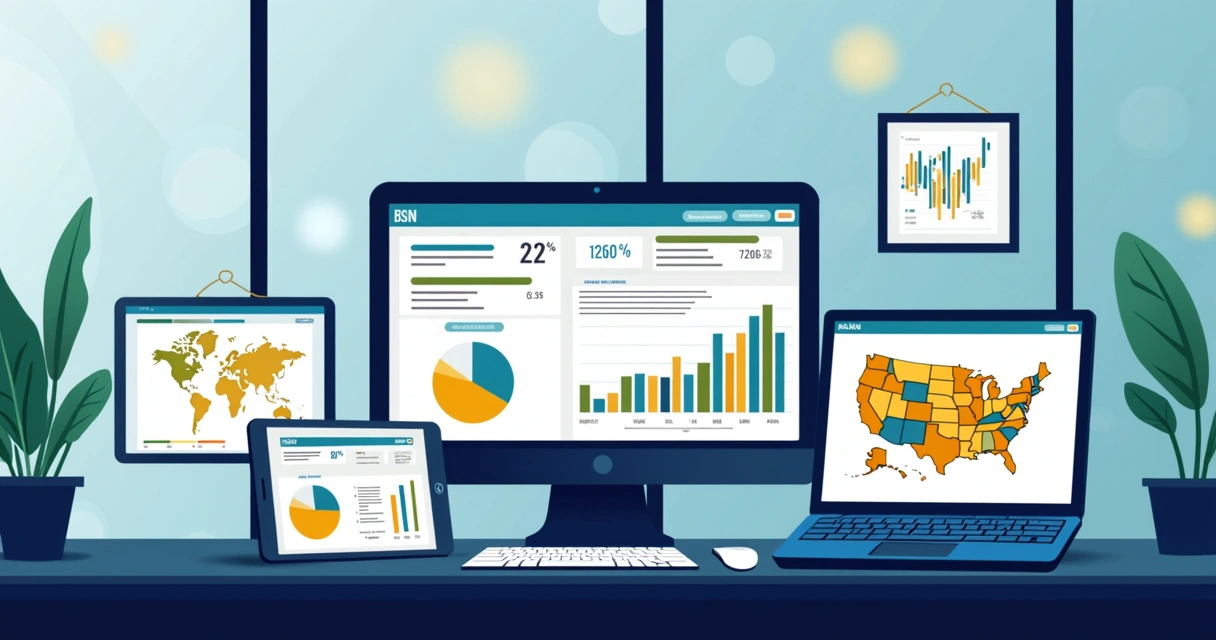 Gráficos de indicadores de campanha política digital em telas de computadores