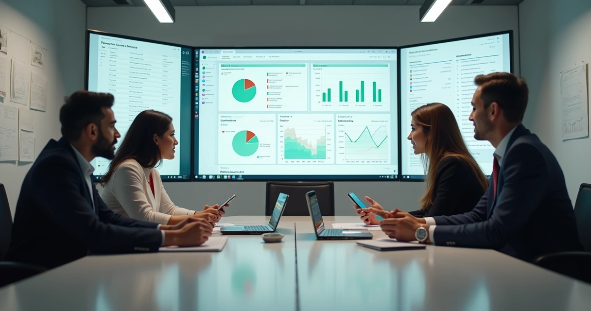 Equipe comercial analisando indicadores de engajamento no WhatsApp em telas de computador 