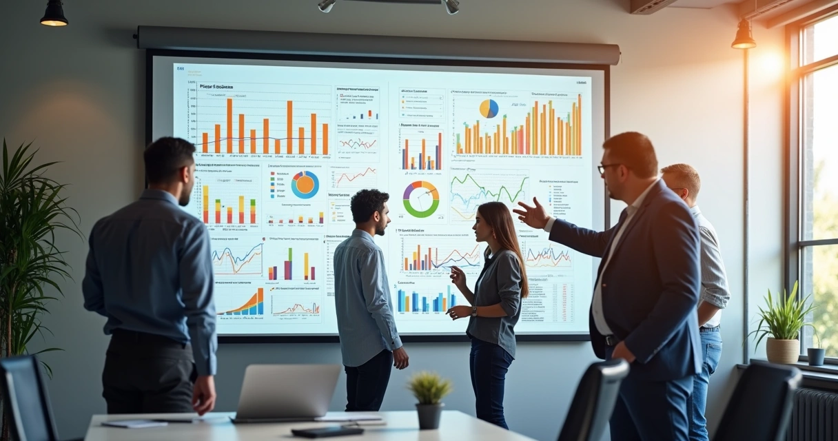 Quadro branco de escritório com indicadores de desempenho exibidos em gráficos e metas 