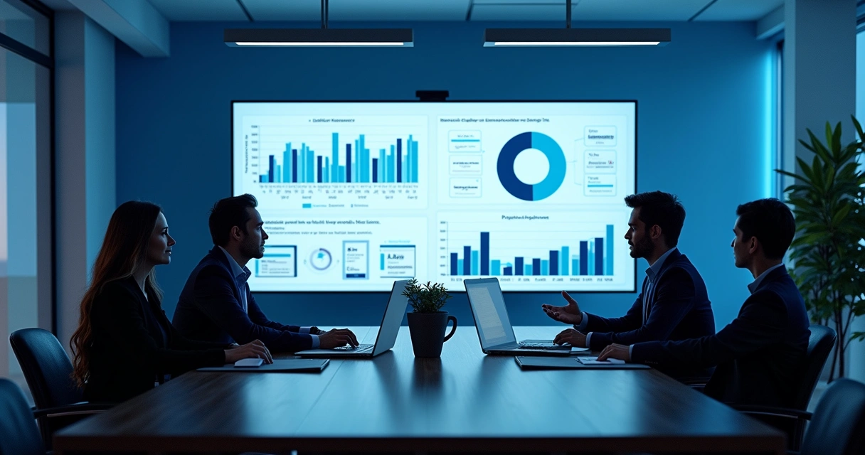 Telas com gráficos e indicadores de vendas em escritório moderno