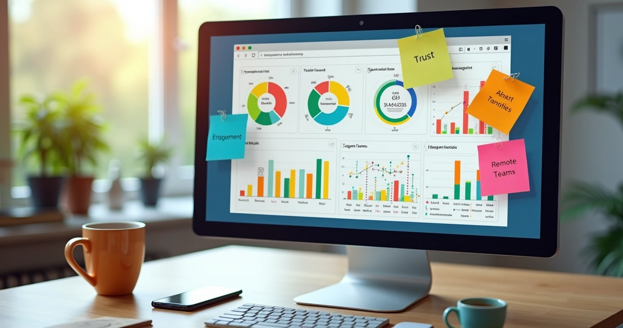 Indicadores de confiança apresentados em tela de computador com gráficos de equipe remota 