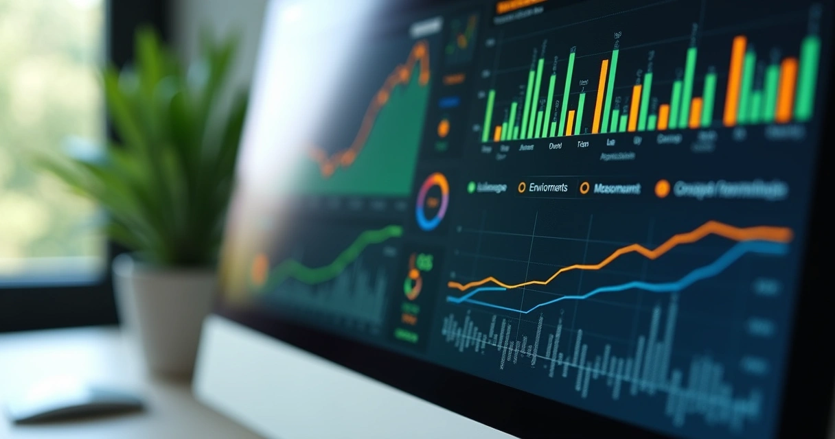 Painel digital apresentando indicadores ESG com gráficos coloridos 