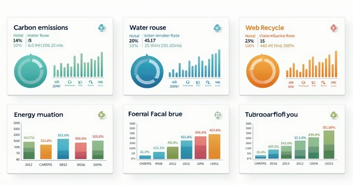 Coleção de gráficos ambientais coloridos, setas de reciclagem e indicadores ESG sobre fundo branco 