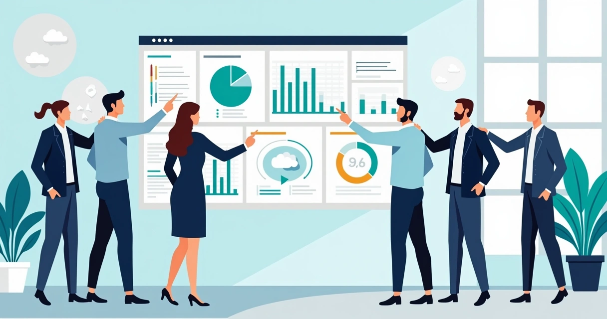 Dashboard de KPIs em tela grande com colaboradores analisando resultados