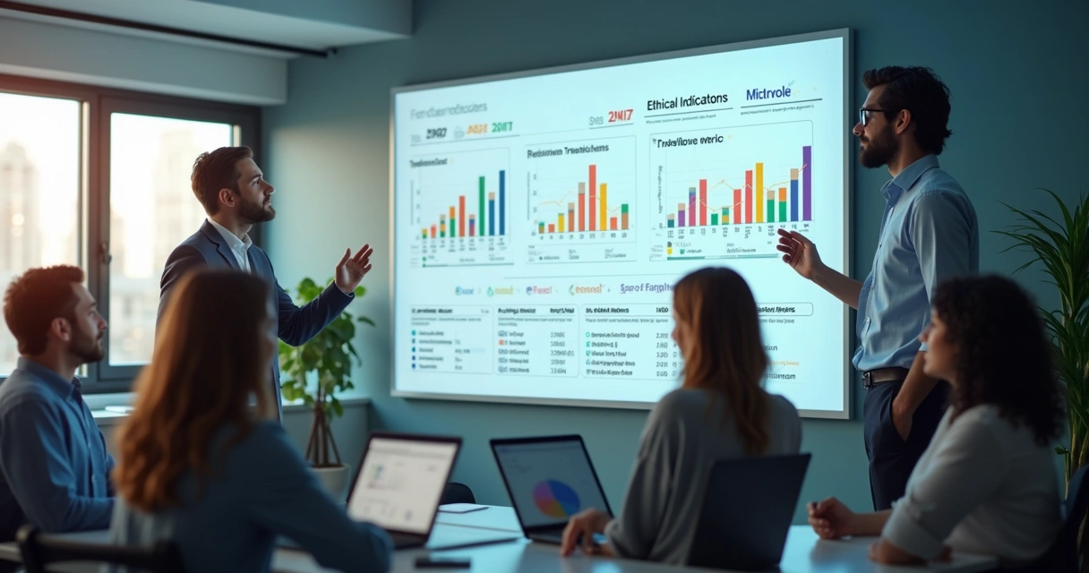 Quadro com indicadores de ética ao lado de indicadores tradicionais em ambiente de escritório 