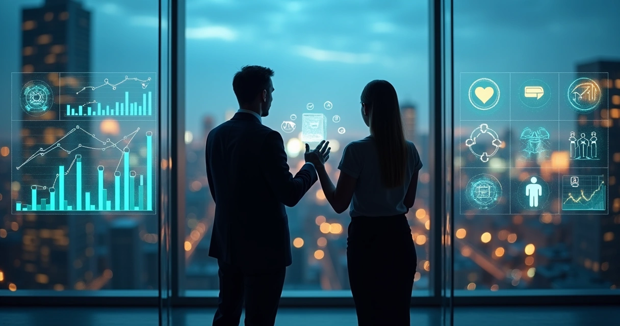 Tablero transparente iluminado con iconos de indicadores éticos y métricas de desempeño 