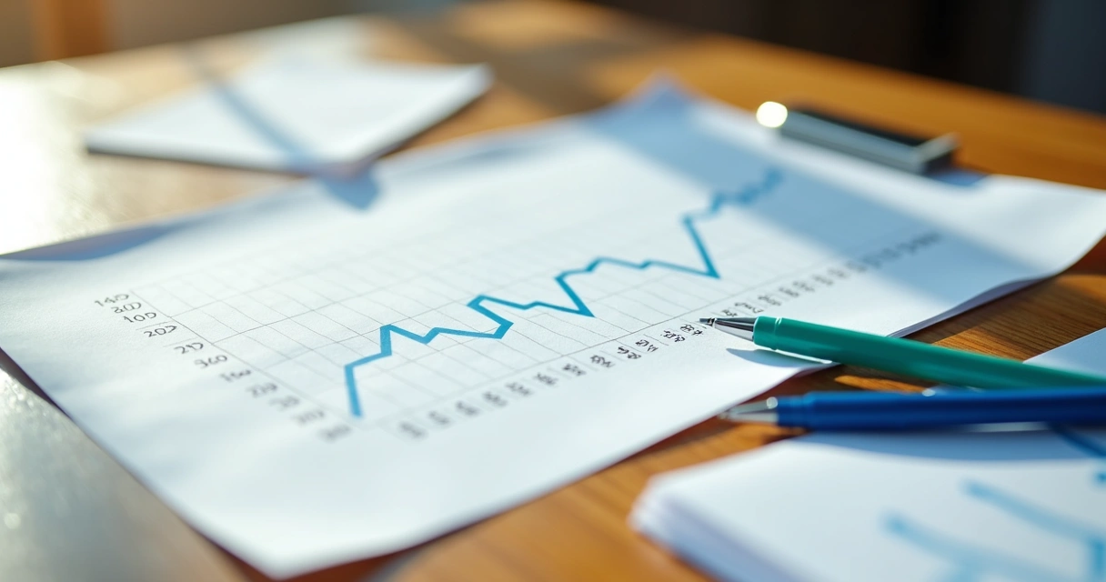 Gráfico simples de crescimento de vendas sobre mesa de madeira, papéis e caneta ao lado. 