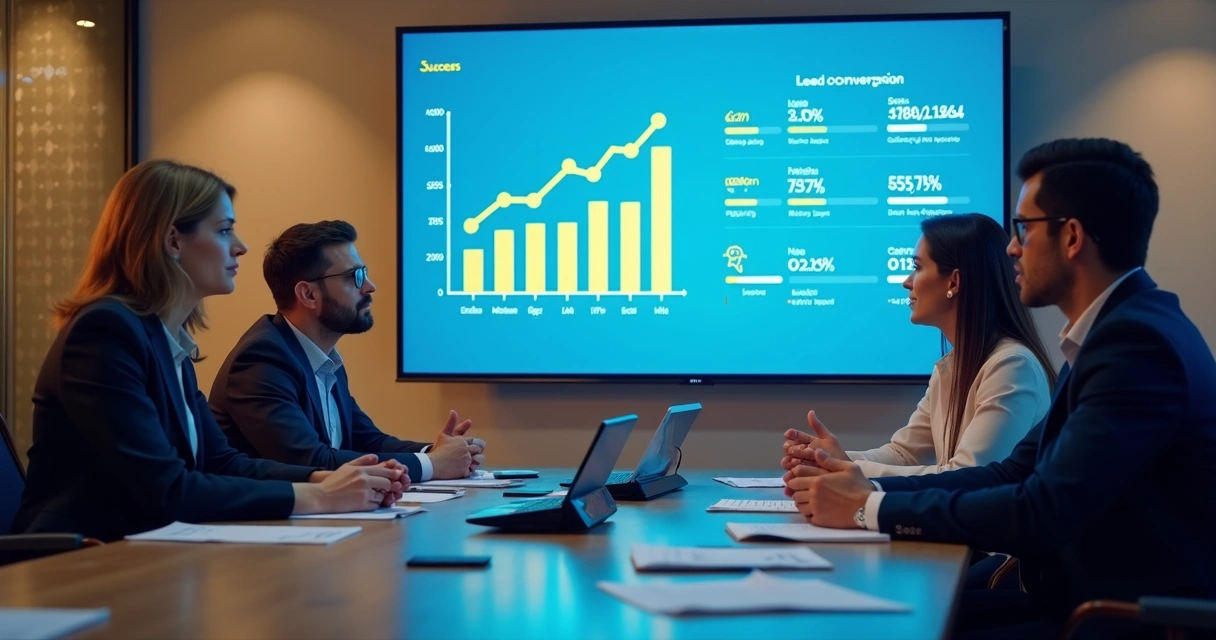 Indicadores de sucesso em tela durante reunião de vendas 