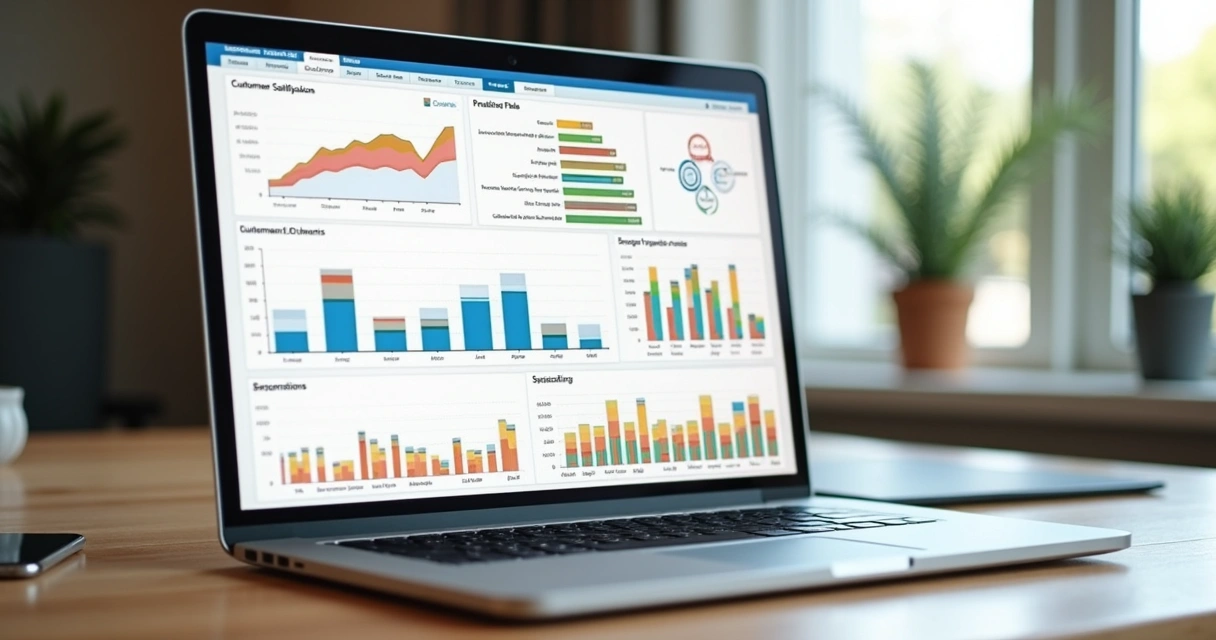 Dashboard com gráficos de satisfação do cliente em tela de notebook 
