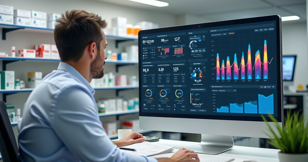 Gráficos de desempenho e indicadores em tela de computador na farmácia 