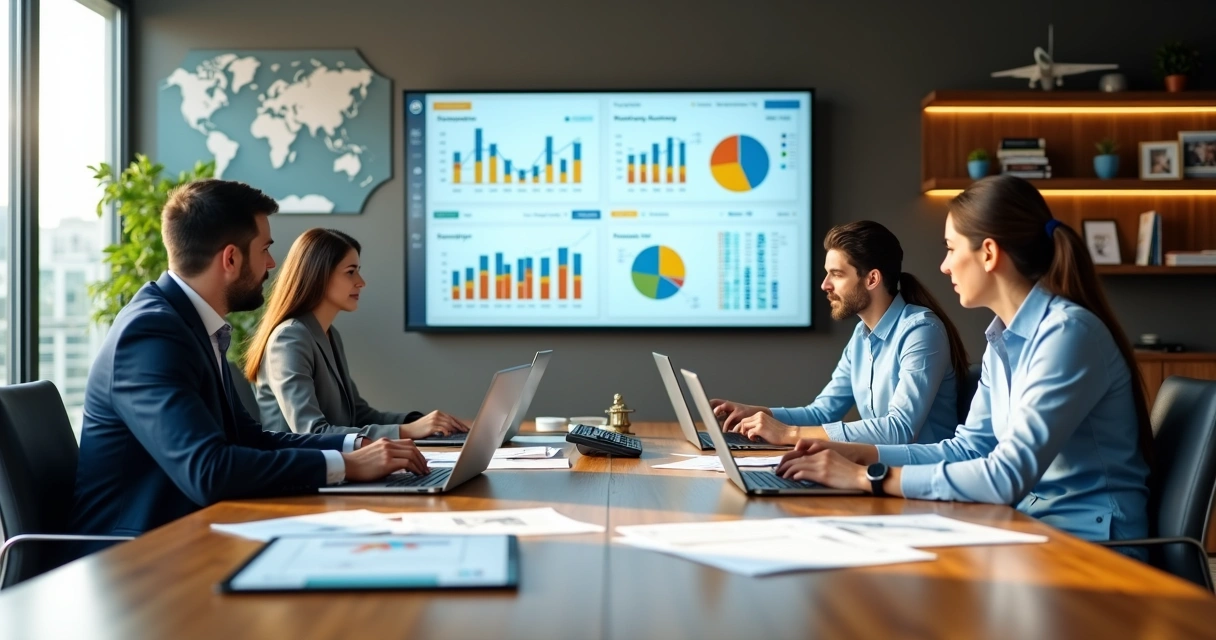 Gestores de agência de viagens analisando indicadores financeiros em painel digital 