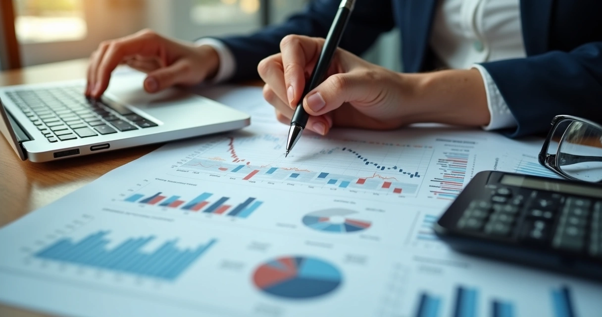 Mãos de gestor analisando planilha de indicadores financeiros 