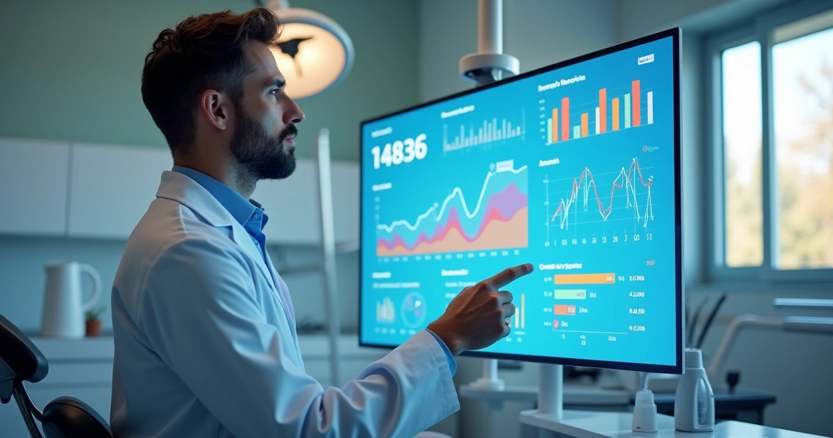 Dentista analisando gráficos financeiros na clínica 