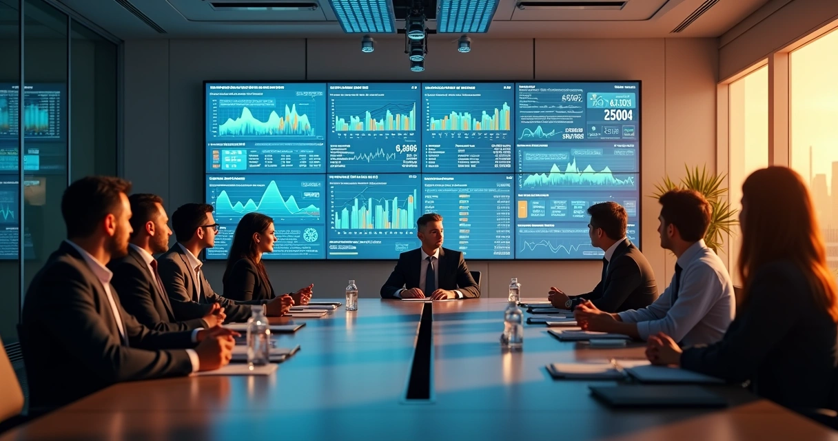 Painel de indicadores financeiros em tempo real exibido em tela grande de sala de reunião.